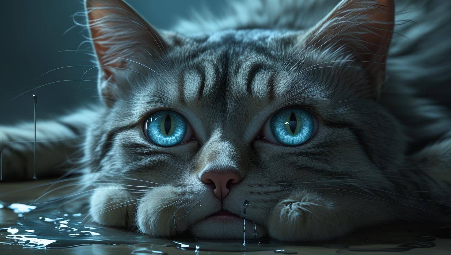 Hình meme mèo mỏi mệt, mặt thẫn thờ, cơ thể rũ xuống như mất sức sống.