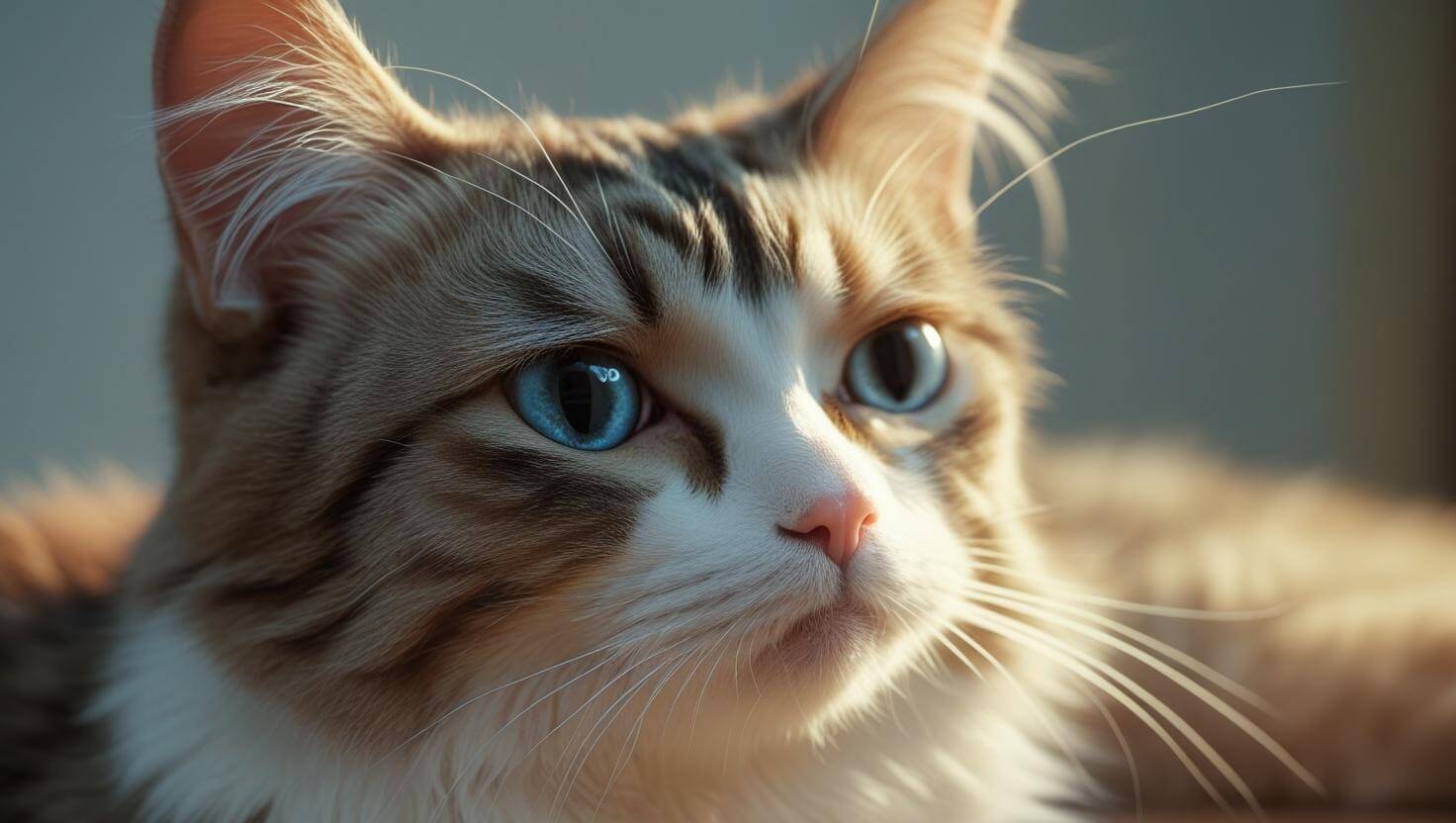 Ảnh meme mèo chán nản, ngồi thẫn thờ, không nhìn camera, tai cụp nhẹ.