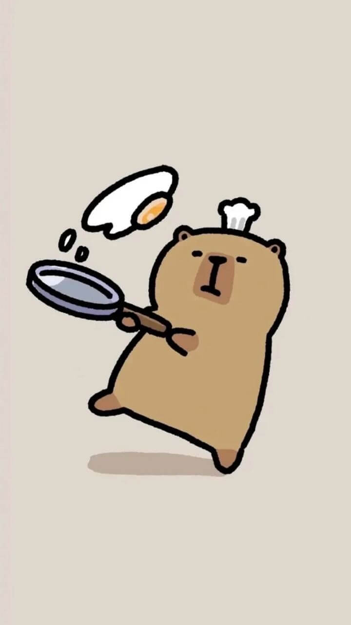 Capybara chibi đang trổ tài nấu trứng ốp la