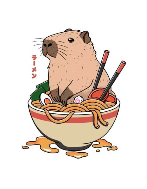 Capybara chibi đang ngồi trong tô Ramen