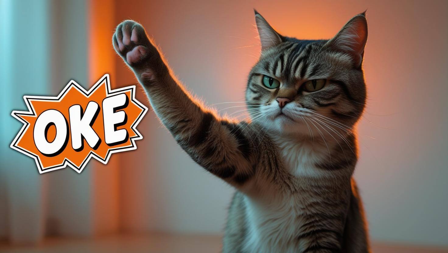 Ảnh meme mèo biểu cảm bất cần, tay giơ oke như đang "quăng cho đời một cú gật".