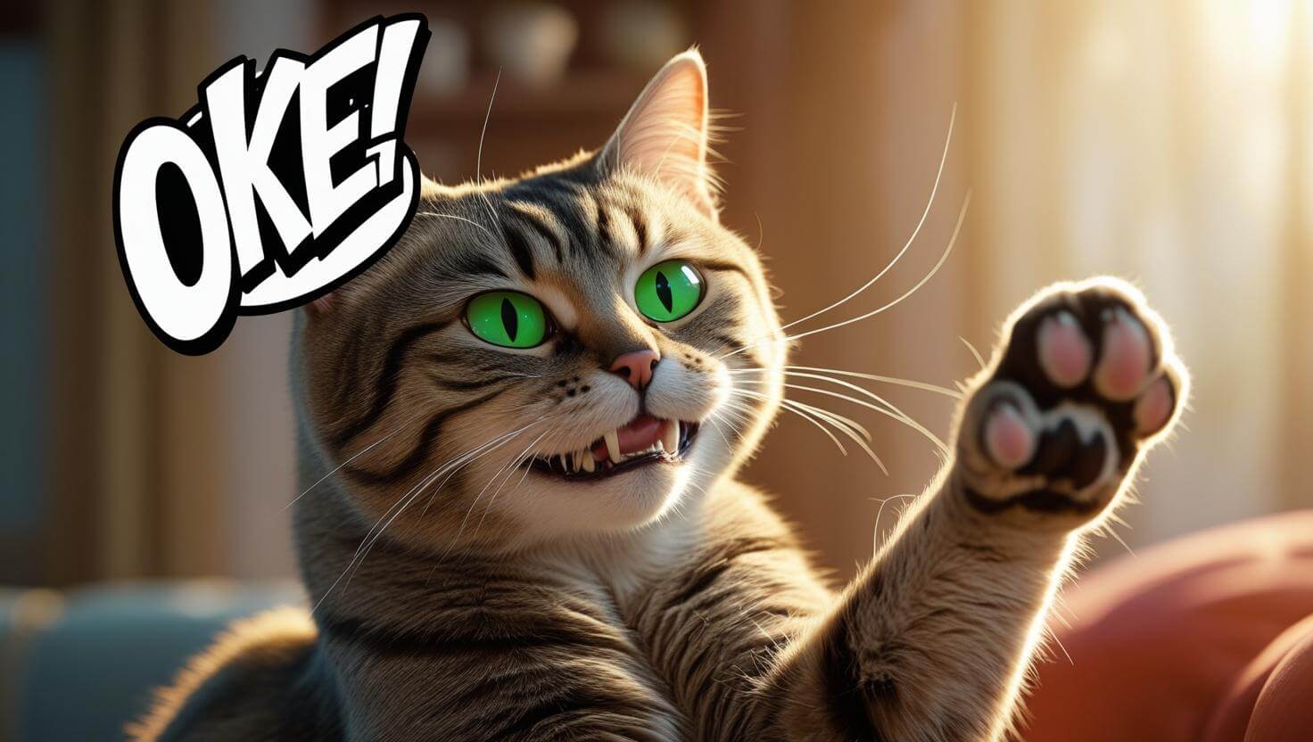 Hình meme mèo giơ tay oke với gương mặt cạn lời, đúng kiểu “gật đầu trong nước mắt”.