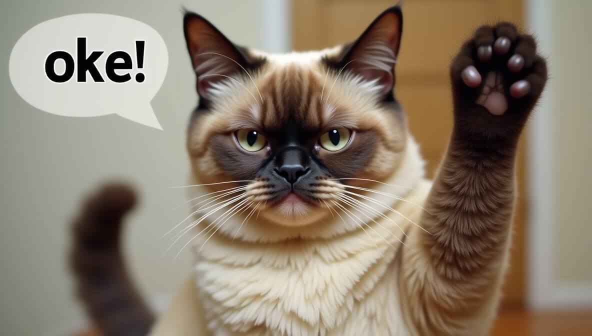 Ảnh meme mèo hài hước giơ tay oke, mặt tỉnh bơ nhưng ánh mắt cực kỳ troll.