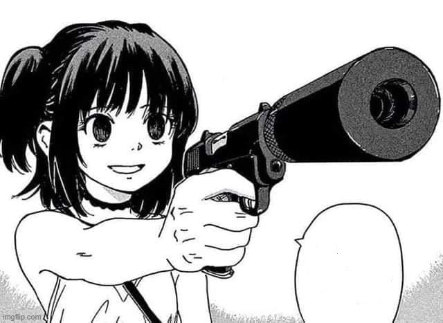 Cô gái anime chỉ súng vào màn hình