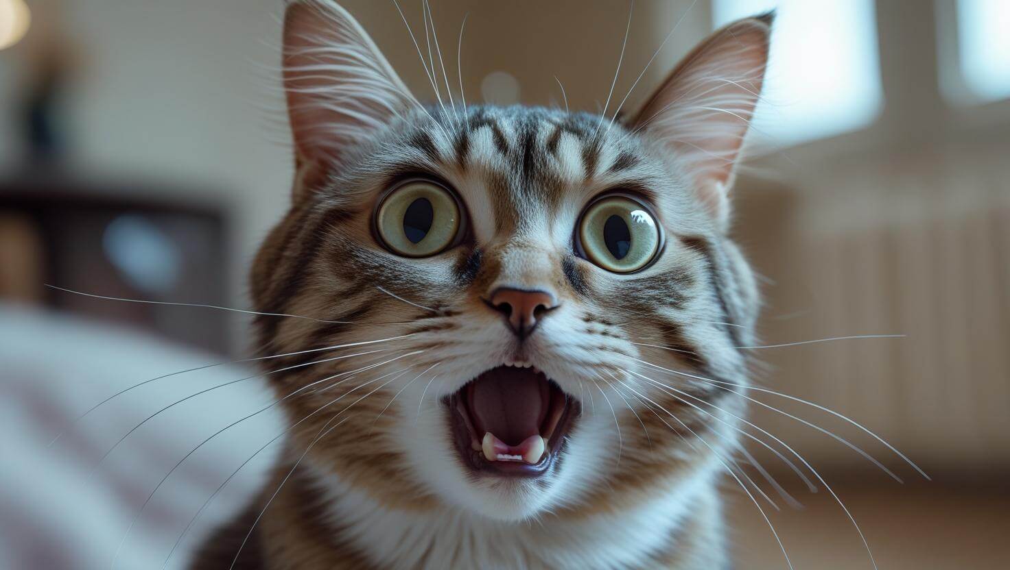 Ảnh mèo meme sợ hãi, biểu cảm kiểu “đừng nhìn tui, tui không làm gì hết”.