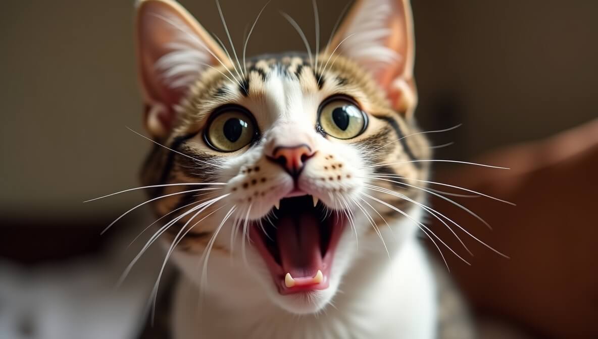 Hình meme mèo giật mình, mắt tròn xoe, tai dựng đứng như bị ai gọi giữa đêm.