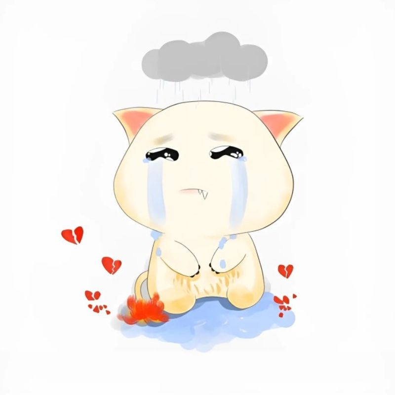 Hình meme mèo mắt rưng rưng, tai gần gập xuống, môi chu lên vì buồn.