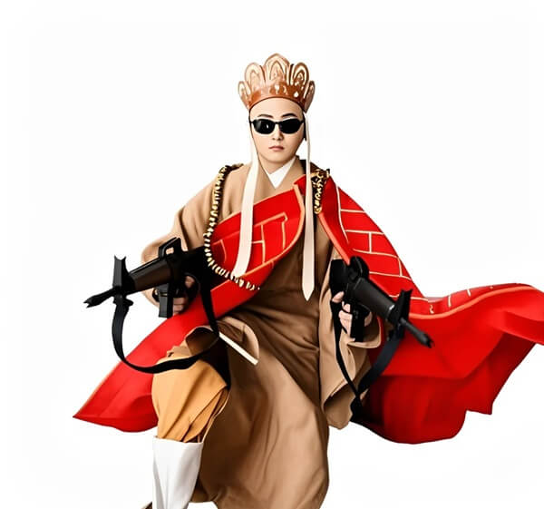 Đường Tăng nắm súng AK47 với vẻ mặt nghiêm nghị đầy quyết tâm