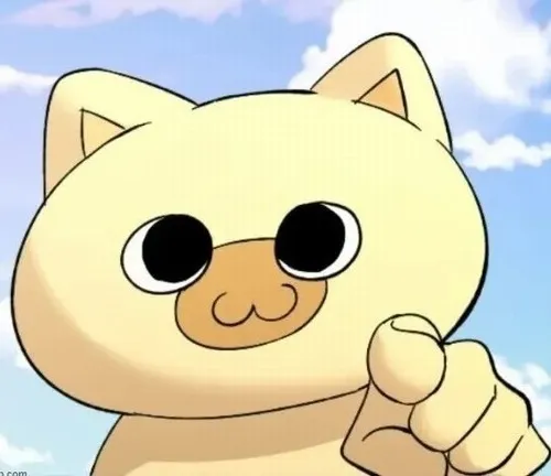 Mèo chibi nheo mắt cười chỉ tay hợp câu chuyện cà khịa nhẹ nhàng