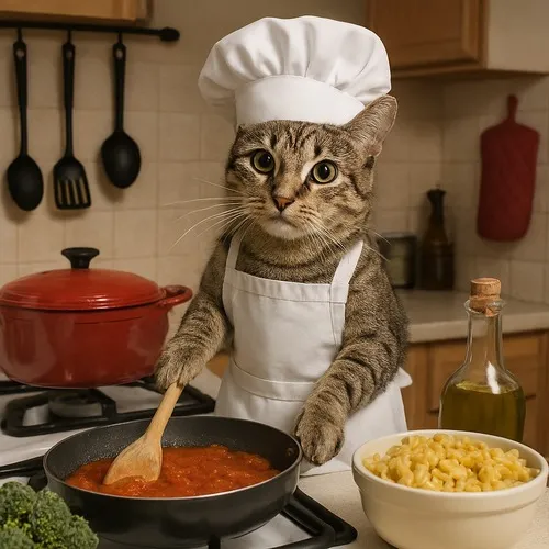 Mèo mặc tạp dề, cầm muỗng canh, mặt nghiêm trọng như đang thi MasterChef bản mèo.