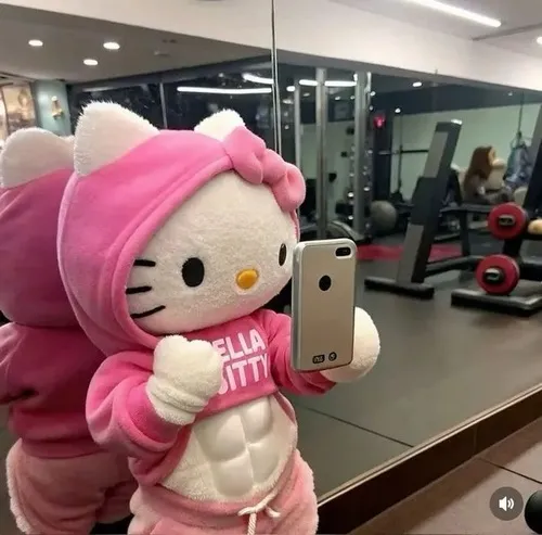 Ảnh meme vui Kitty tăng cơ tạ đòn nặng cạnh bình protein rất vui nhộn