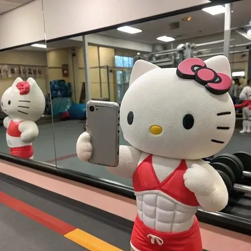 Meme hài Kitty lực lưỡng vai rộng bất ngờ giữa nền dễ thương đặc trưng