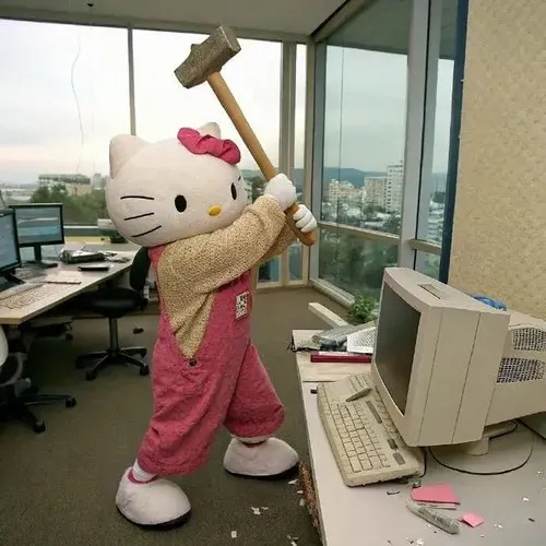 Khoảnh khắc mèo mascot tủi thân ôm cốc trong phòng cảnh