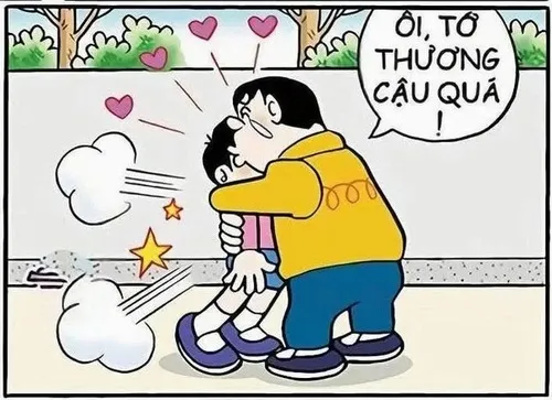 Doraemon giơ chong chóng tre cho Nobita thử nhưng vẻ mặt đầy nghi ngại.