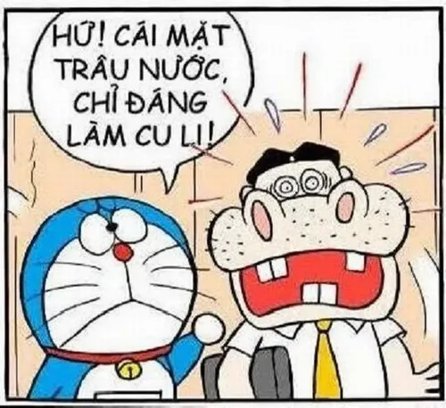 Doraemon tròn xoe mắt nhìn Nobita gây chuyện và thở dài bất lực.