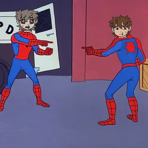 Hình meme hài người nhện chỉ nhau trong bản hoạt hình cổ
