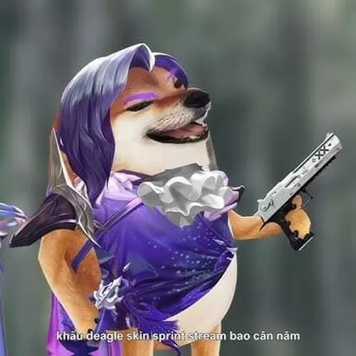 Ảnh troll bé Shiba chống một chân lên súng tạo dáng