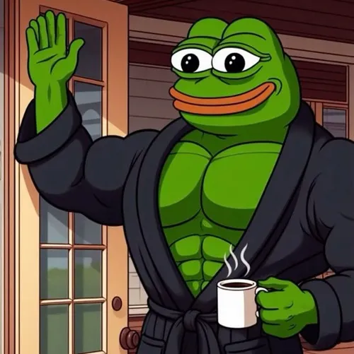 Meme ếch xanh nhoẻn cười với đôi mắt cong dễ thương.