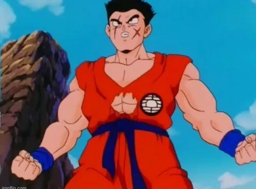 Hình chế meme vui Yamucha lúng túng né Khí Công Đạn từ Cell cực vui.